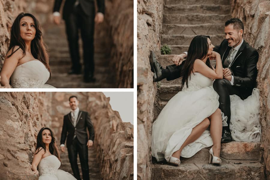 postboda al atardecer en las escaleras 
